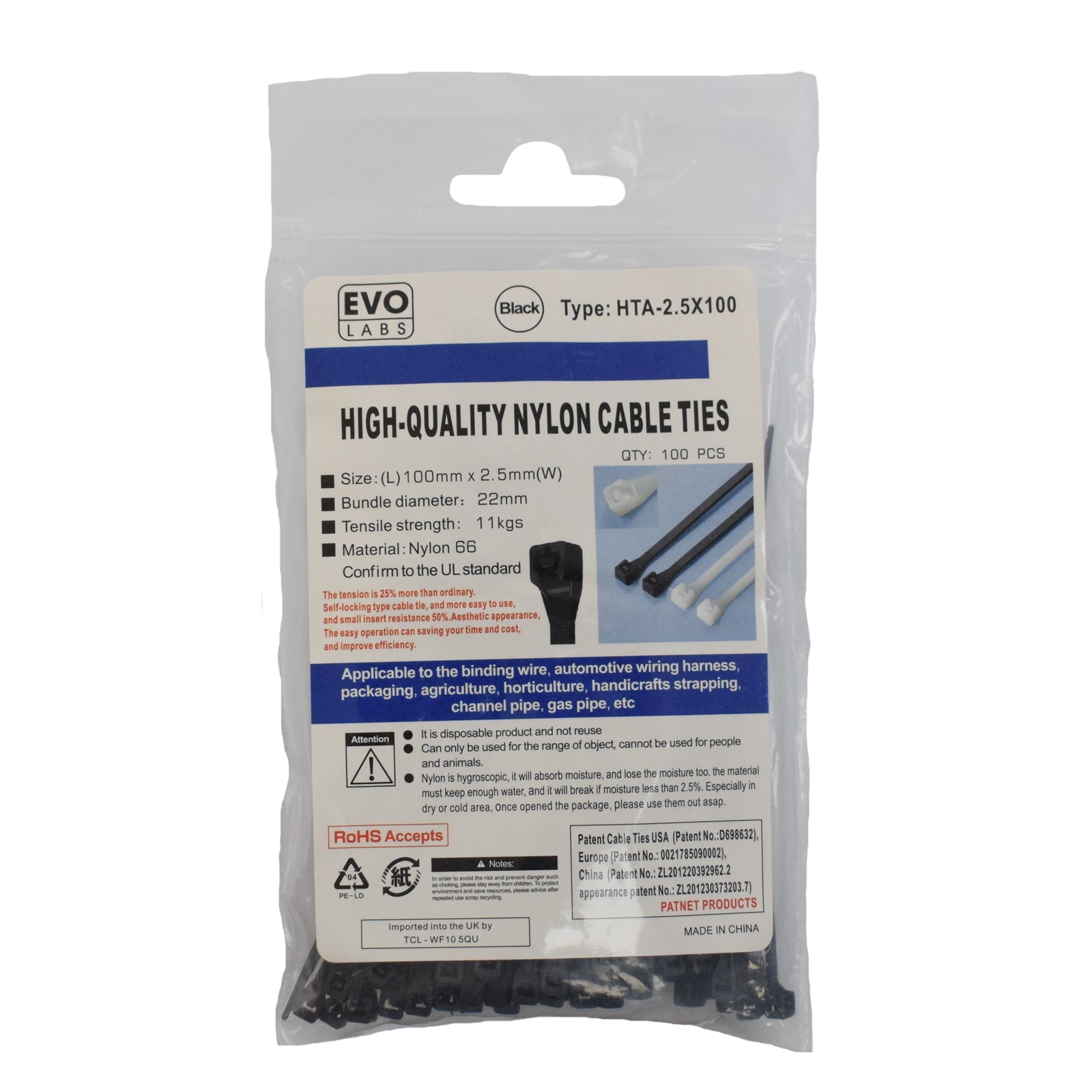 Image of Evo Labs 2.5X100MM BLACK cable tie Nylon 100 pc(s)