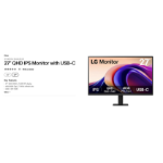 LG 27'' IPS 5ms QHD HDR10 Monitor with AMD FreeSync™ HDMI/DP Tilt VESA 100 x100 mm