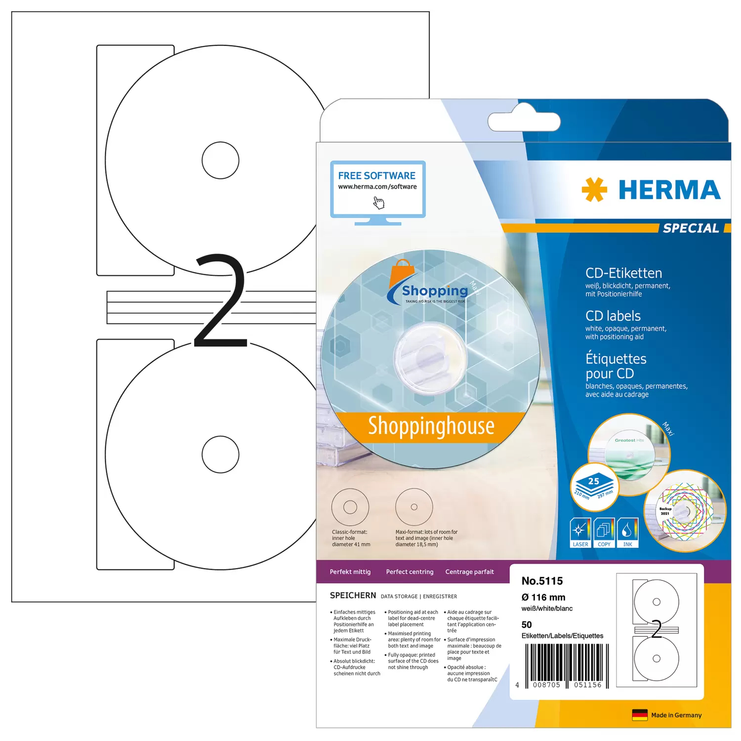 Image of HERMA CD labels Maxi A4 Ø 116 mm white paper matt opaque 50 pcs.