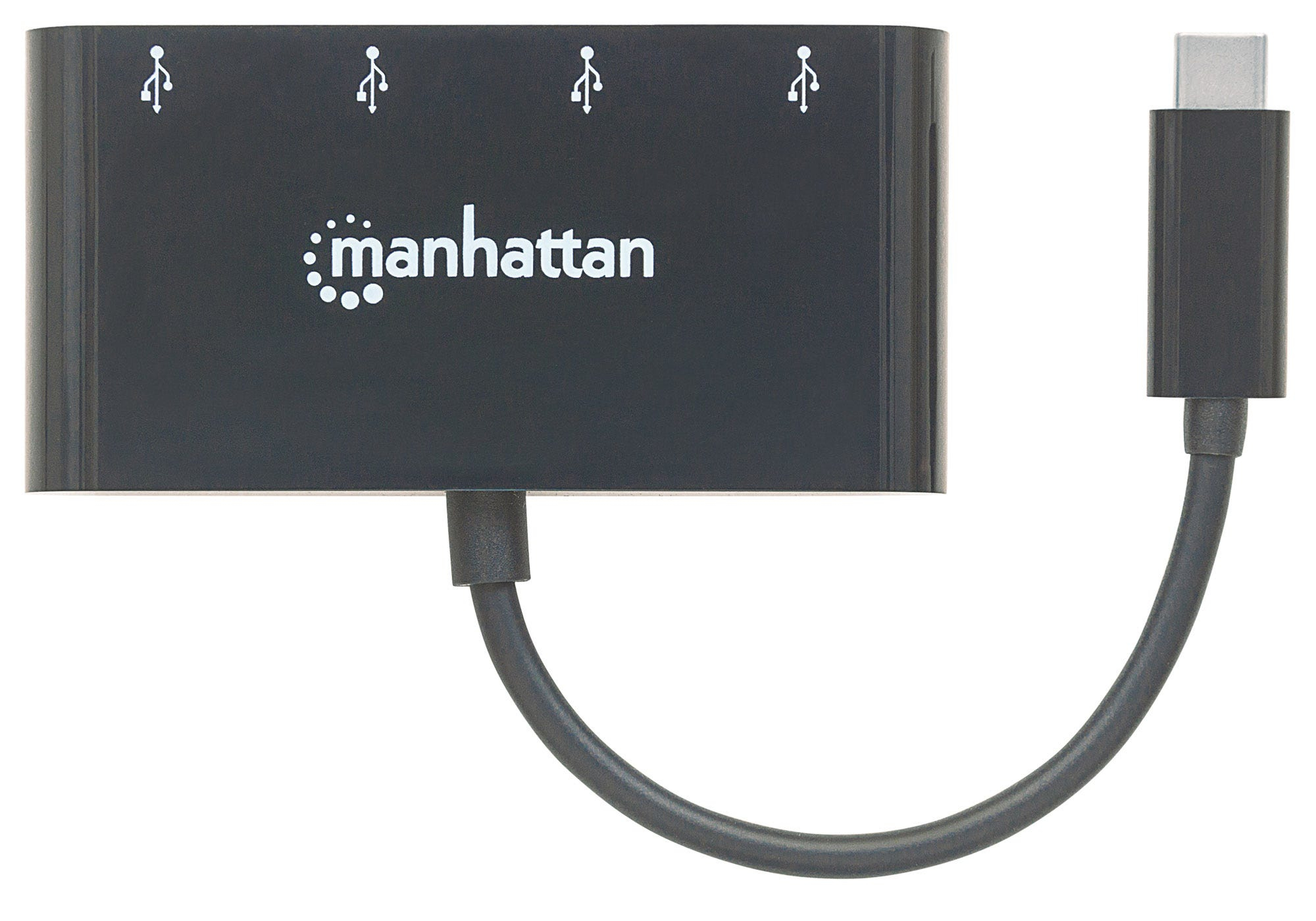 Manhattan USB-C 4-Port Hub/Dock, USB-C to 4x USB-A Ports, 5 Gbps (USB 3.2 Gen1 aka USB 3.0), Bus Power, Cable 20cm, Black, Blister