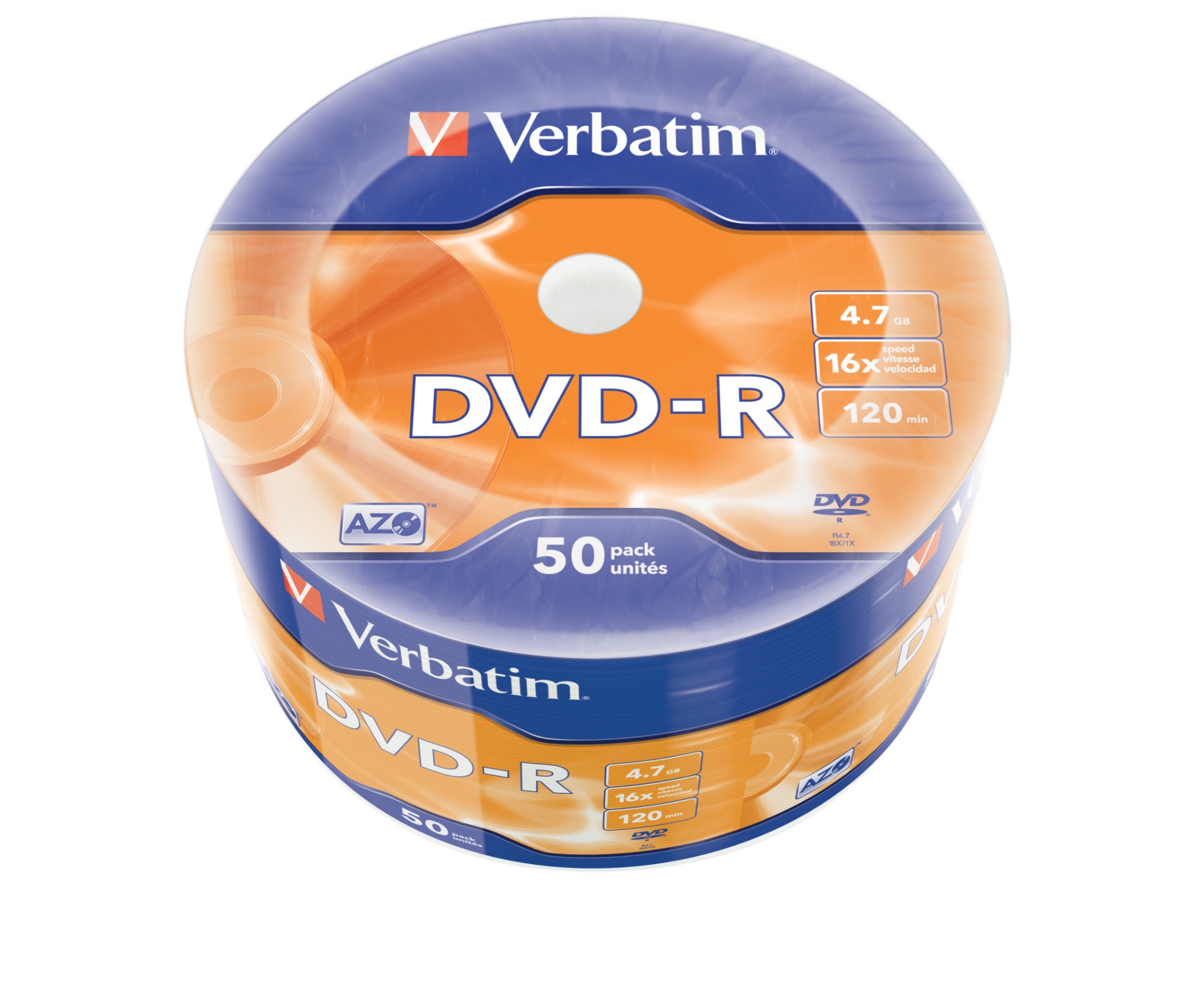 43788 VERBATIM DVD-R AZO 4.7GB 16X MATT SILVER SURFACE 50 PK WRAP