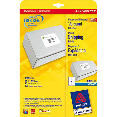 Avery Inkjet Parcel Labels 4 Per Sheet White (Pack of 100) J8169-25
