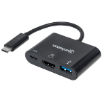 Manhattan USB-C Dock/Hub, Ports (x3): HDMI, USB-A and USB-C, 5 Gbps (USB 3.2 Gen1 aka USB 3.0), With Power Delivery (60W) to USB-C Port (Note additional USB-C wall charger and USB-C cable needed), Equivalent to CDP2HDUACP, Black, 3 Year Warranty, Blister