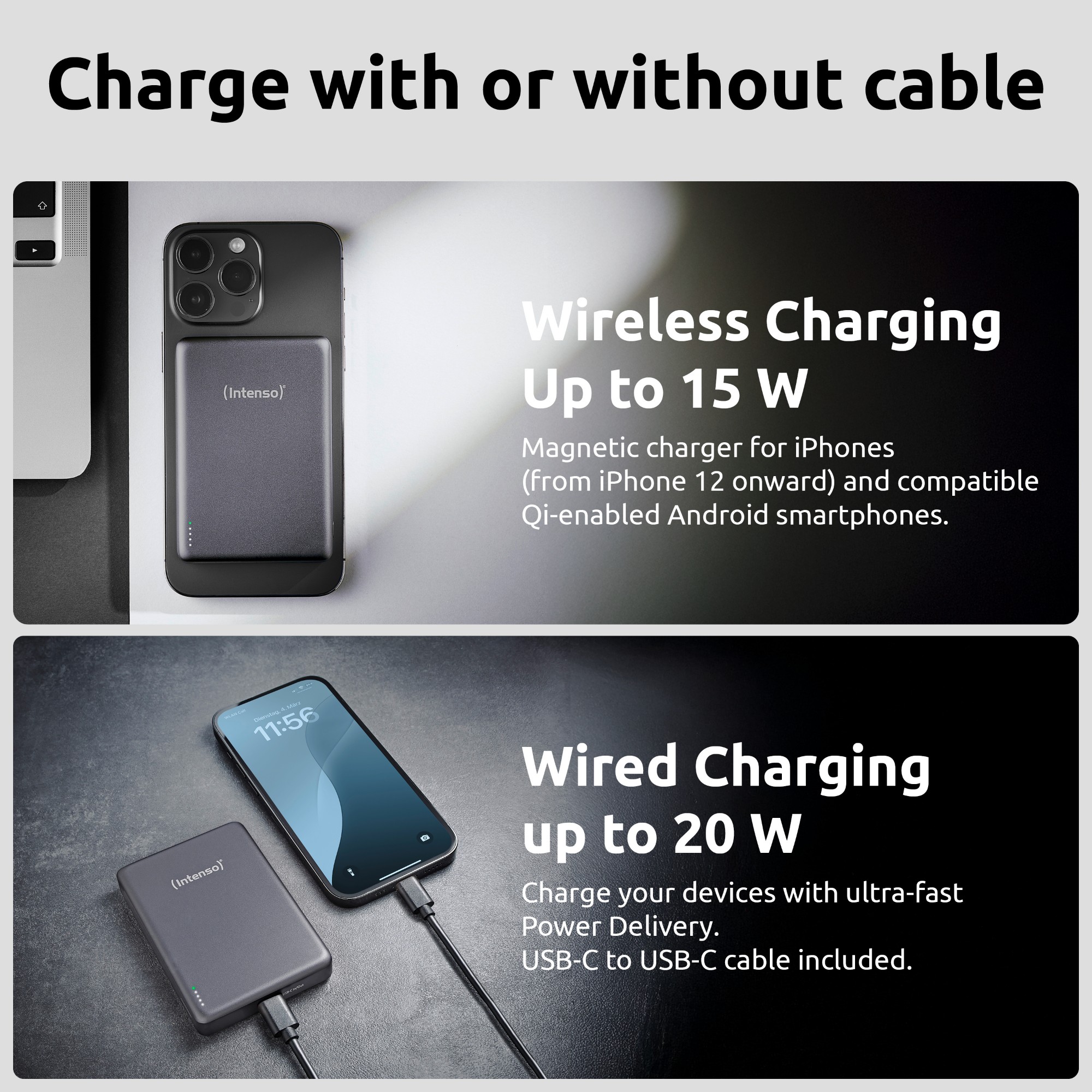 Intenso MW10000 Magnetic Power Bank 10000 mAh â€“ MagSafe Compatible, 15W Wireless Charging, 20W USB-C PD, For iPhone & Android â€“ Tested in Germany â€“ Grey