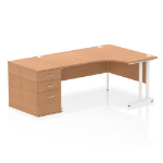 Dynamic Impulse W1600 x D1200 x H730mm Right Hand Crescent Desk Cantilever Leg With D800mm Desk High Pedestal Oak Finish White Frame - I004107 DD