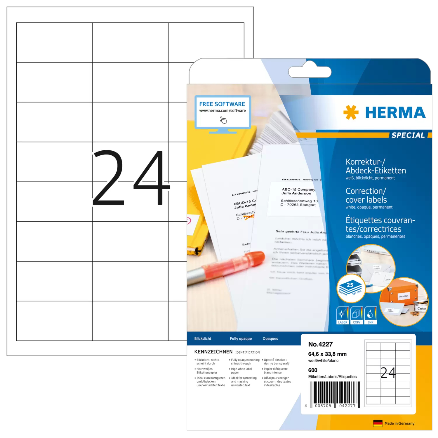 Image of HERMA Correction/covering labels A4 64.6x33.8 mm white paper matt...