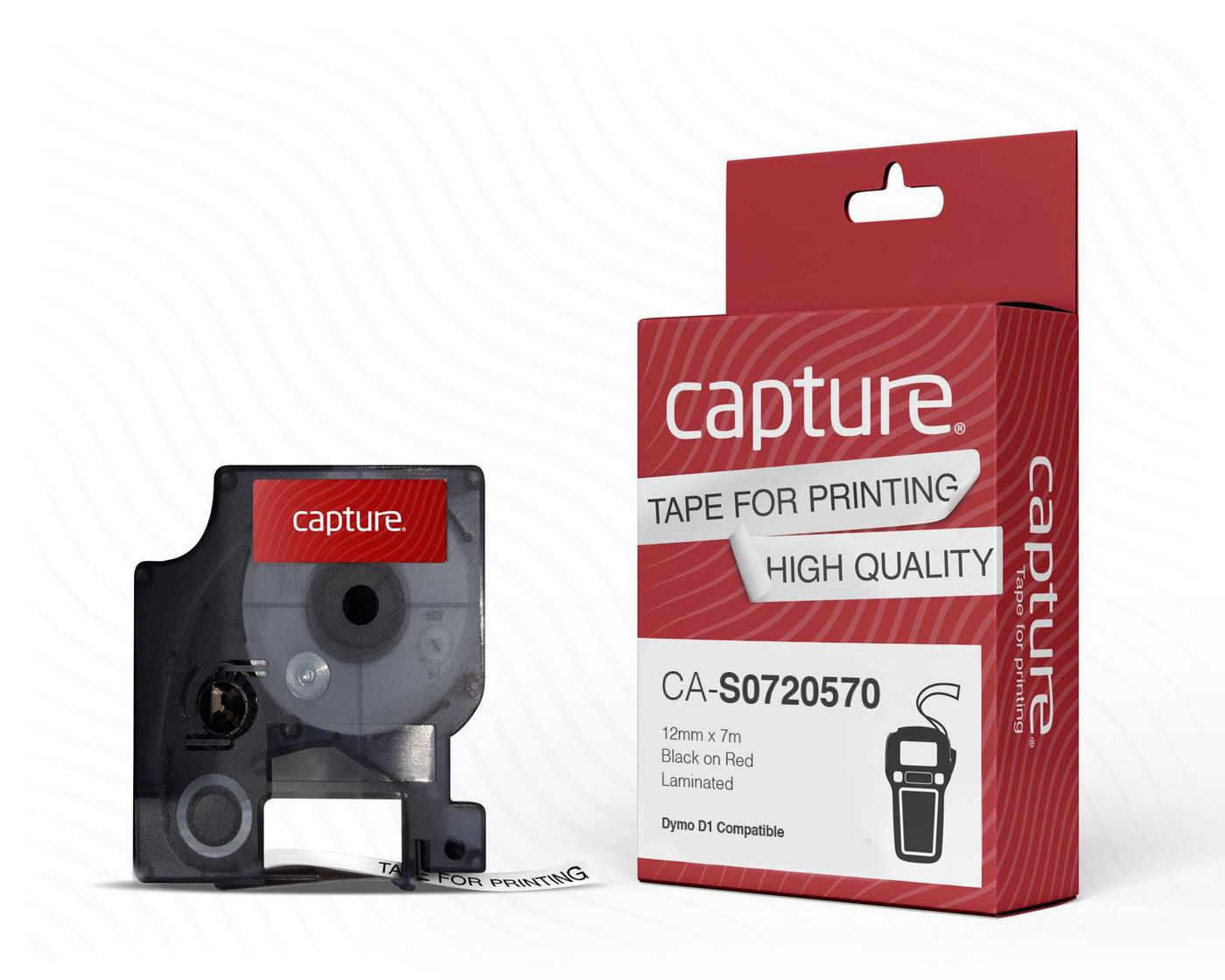 CA-S0720570 CAPTURE 12mm x 7m Black on Red Tape