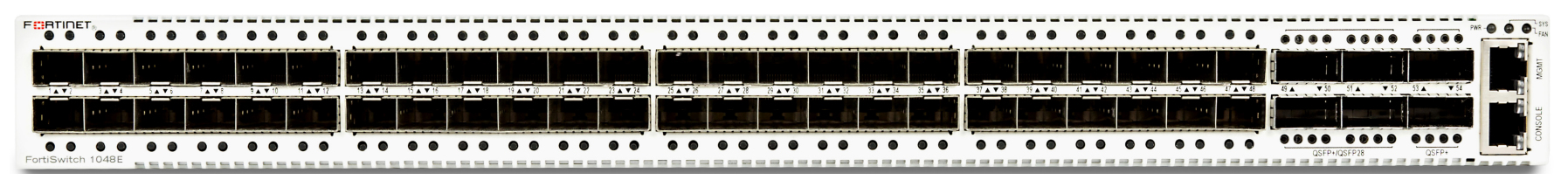 Fortinet Layer 2/3 FortiGate switch controller compatible switch with 48 x GE/10GE SFP/SFP+ slots and 6 x 40GE QSFP+ or 4 x 100GE QSFP28. Dual AC power supplies