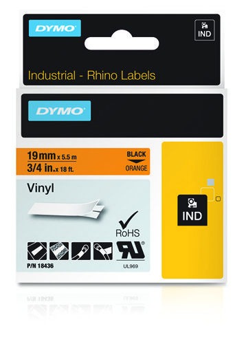 Dymo 18436/S0718500 Ribbon Vinyl black on orange 19mm x 5,5m for Dymo Rhino 6-19mm/24mm