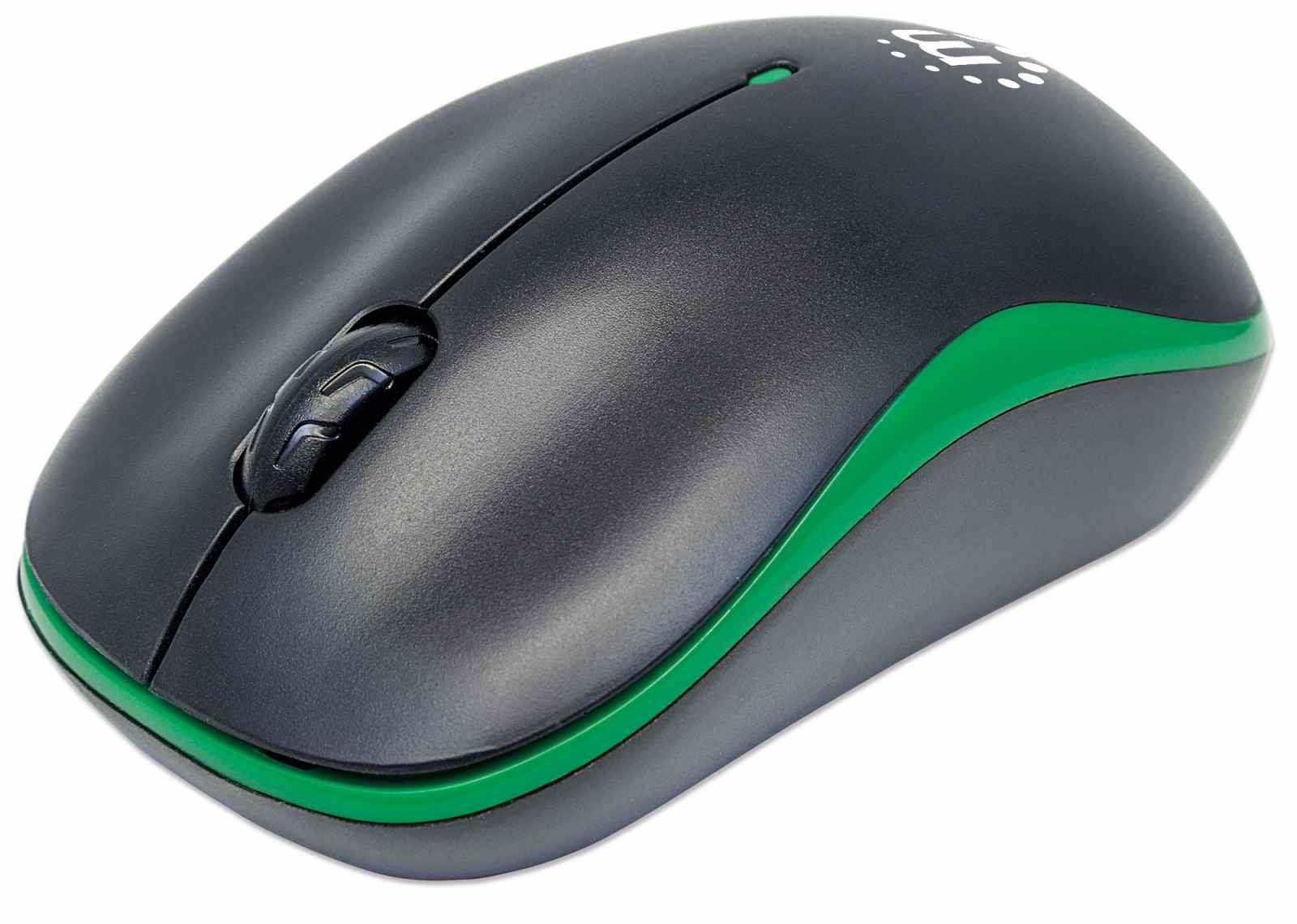 Manhattan Success Wireless Mouse (Promo), Black/Green, 1000dpi, 2.4Ghz (up to 10m), USB, Optical, Three Button with Scroll Wheel, USB micro receiver, AA battery (included), Low friction base, Box