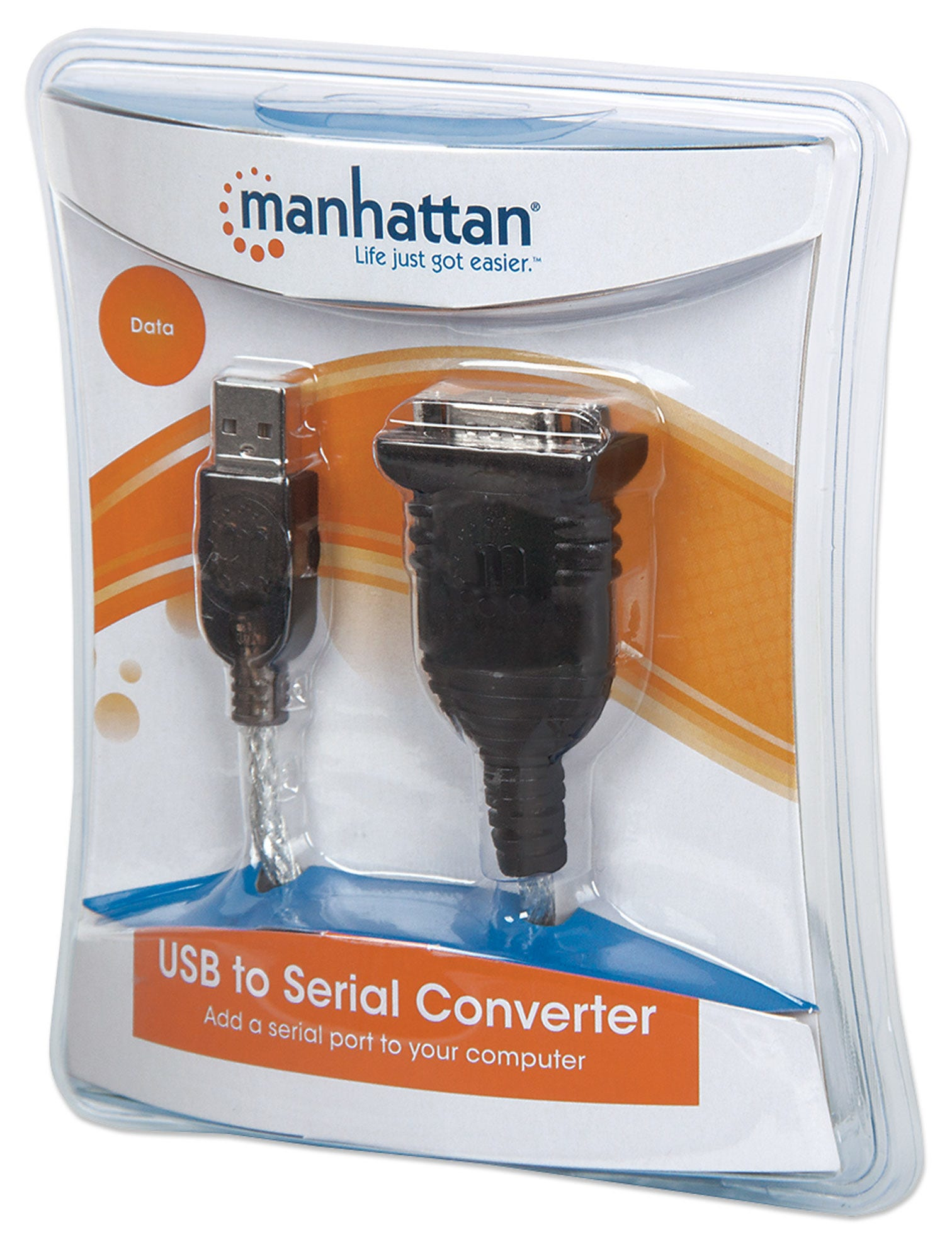 Manhattan USB-A to Serial Converter cable, 45cm, Male to Male, Serial/RS232/COM/DB9, Prolific PL-2303RA Chip, Black/Silver cable, Blister