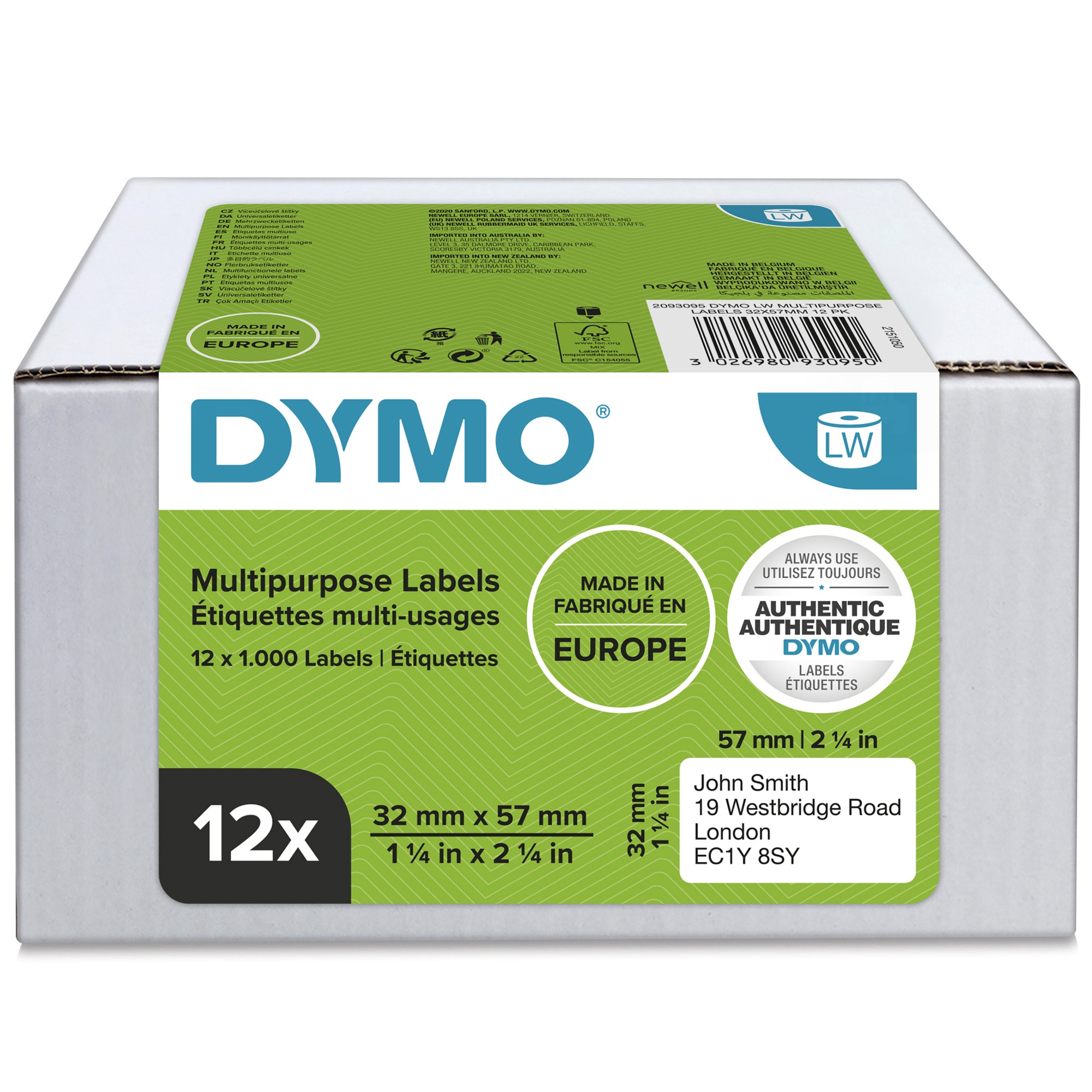 Dymo White/Black 2093095 Directlabel-Etikettes 57Mm X32mm Pack=12 For Lw 550