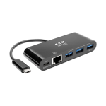 Tripp Lite U460-003-3AGB-C 3-Port USB-C Hub - USB 3.x (5Gpbs) Hub Ports, Gigabit Ethernet, 60W PD Charging, Black