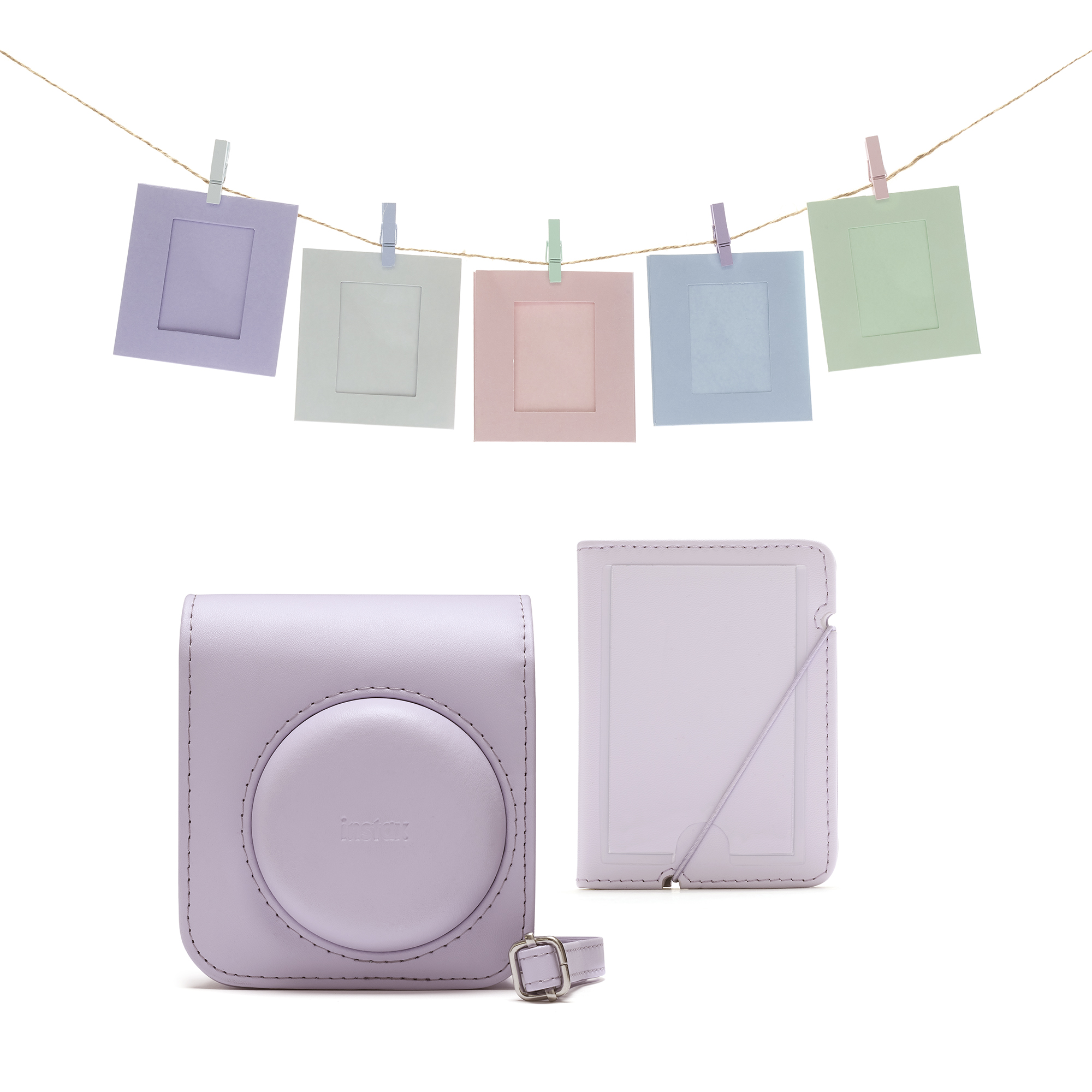 70100157490 FUJI Instax Mini 12 Accessory Kit with Case, Photo Album, Hanging Cards & Pegs - Lilac Purple