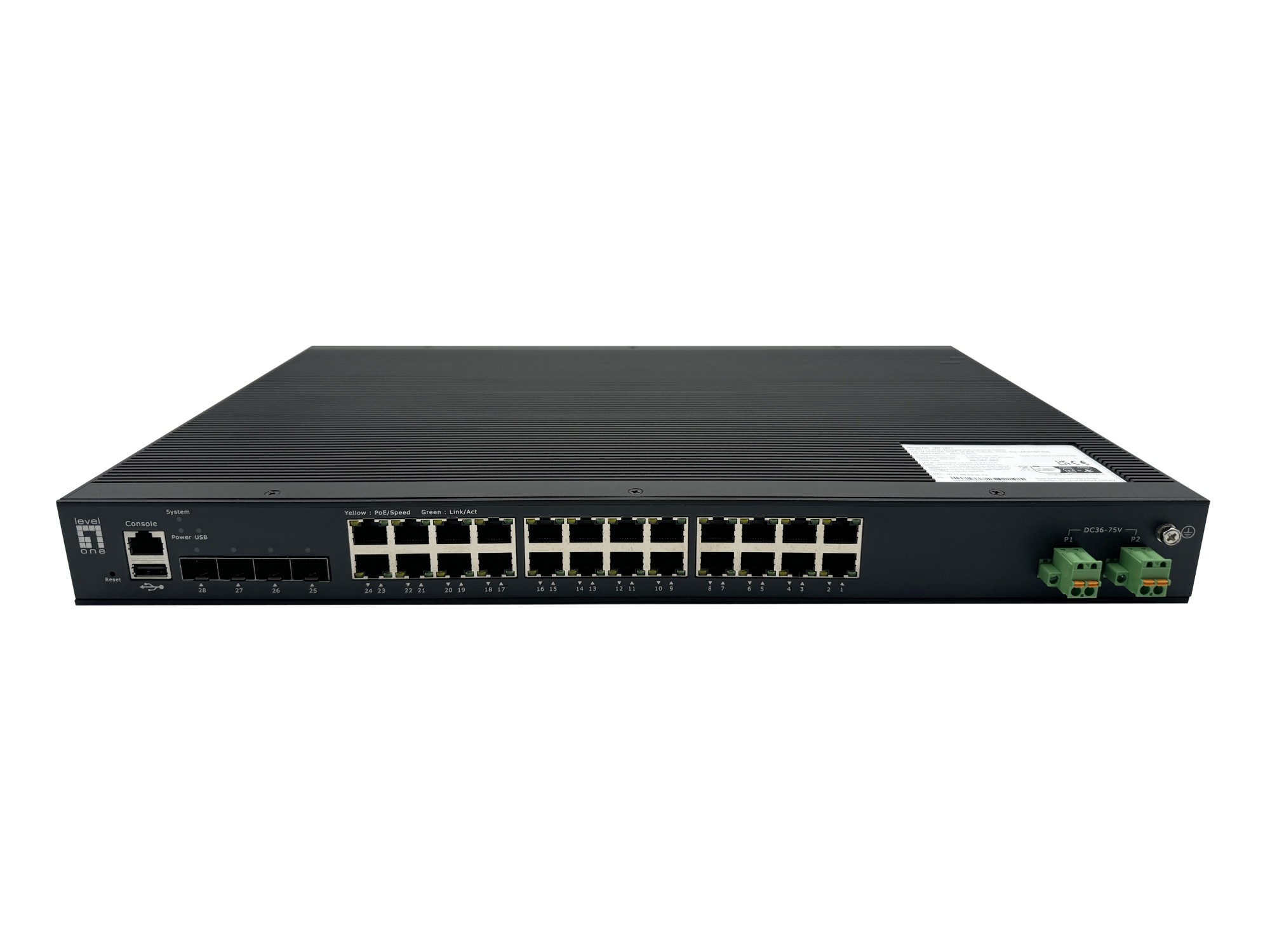 LevelOne 28-Port L2 Plus Managed PoE Industrial Switch, 4 x 1/2.5/10GbE SFP+, 24 PoE Outputs, 370W, 802.3AF/AT/BT PoE, 19" Rack Mount, -40Â°C to 80Â°C