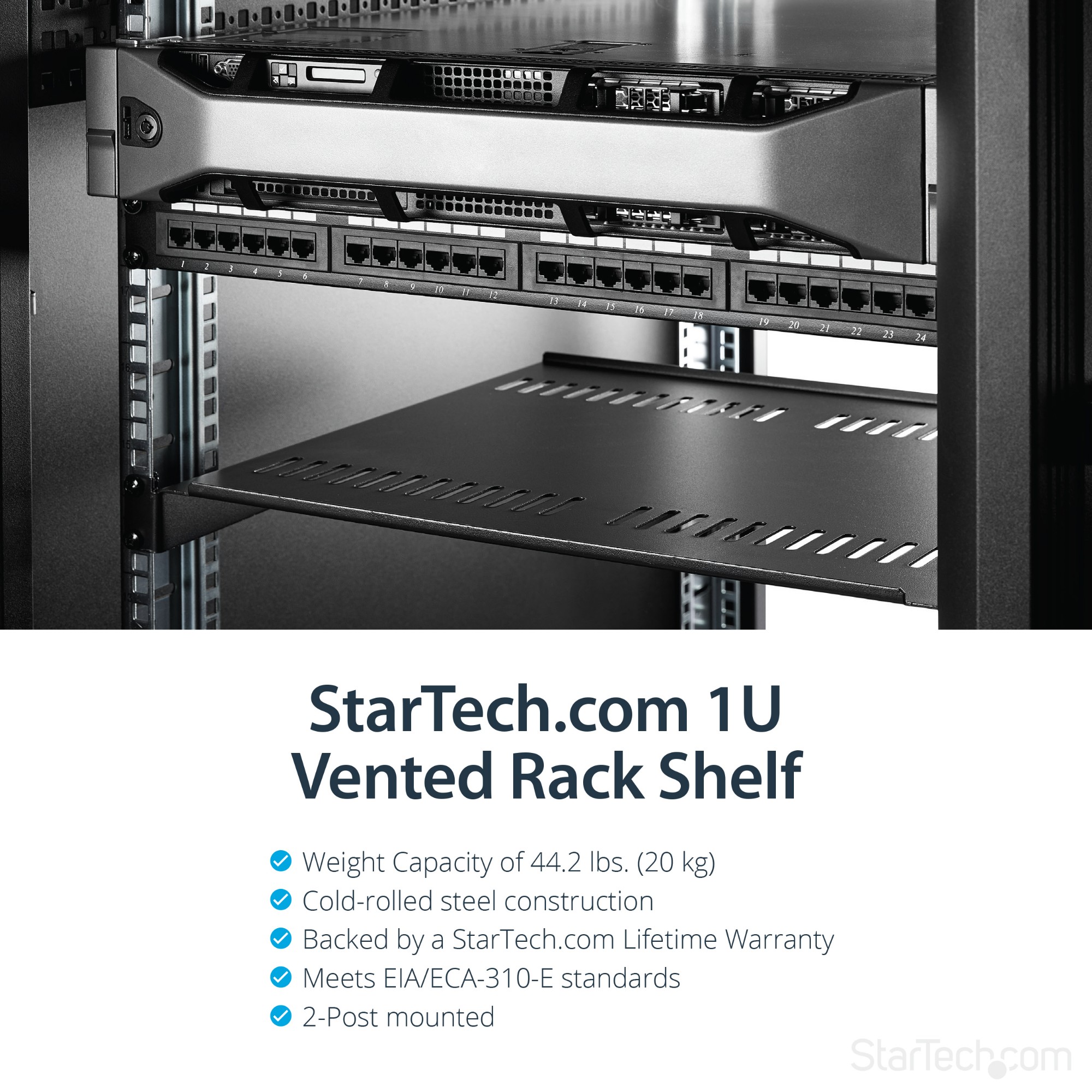 StarTech.com 1U Vented Server Rack Cabinet Shelf - 16in Deep Fixed Cantilever Tray - Rackmount Shelf for 19&quot; AV/Data/Network Equipment Enclosure with Cage Nuts &amp; Screws - 44lbs capacity