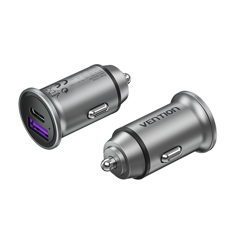 Vention Two-Port USB A+A(30+30) Car Charger Gray Mini Style Aluminium Alloy Type