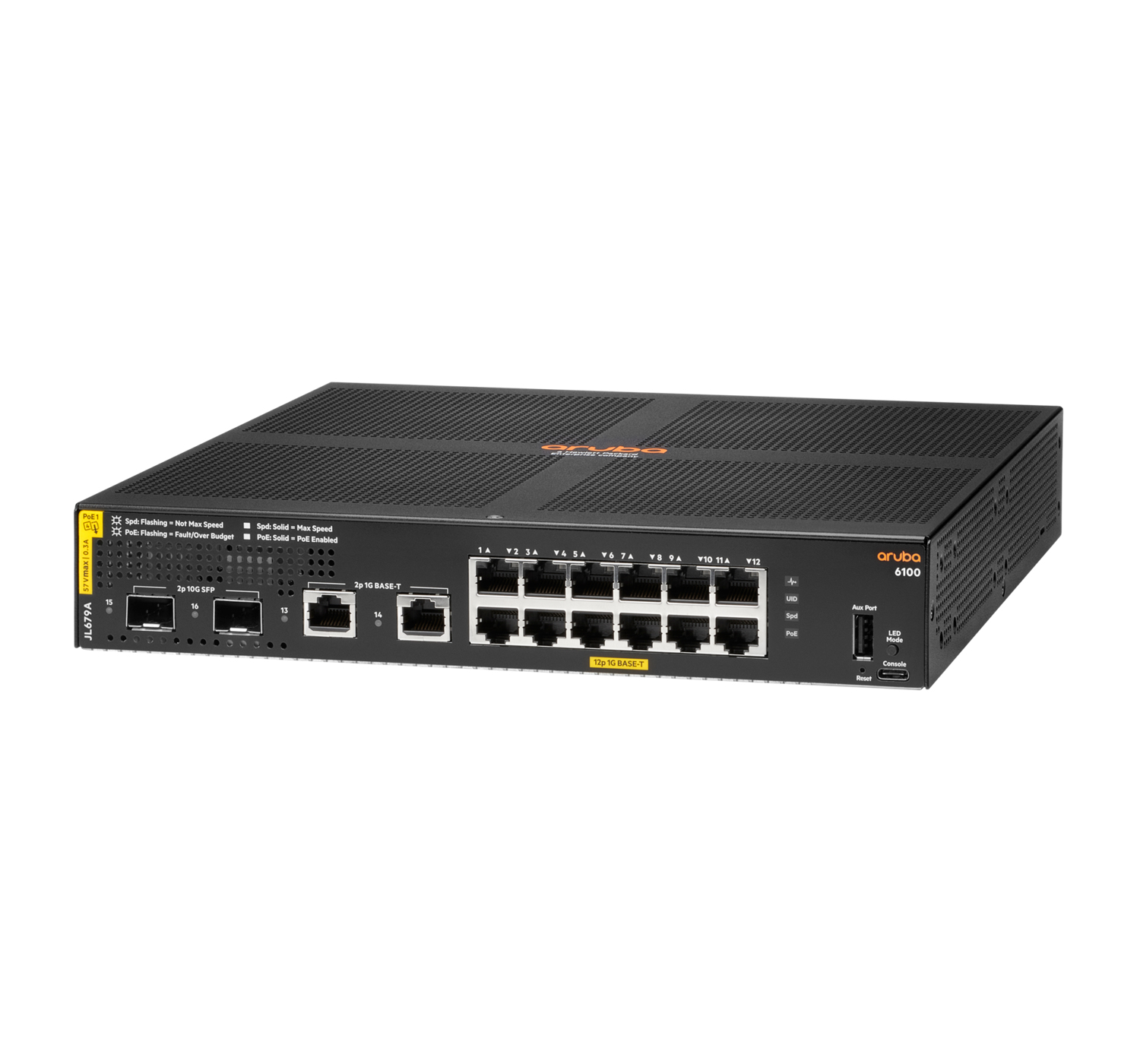 Hewlett Packard Enterprise Aruba 6100 12G Class4 PoE 2G/2SFP+ 139W hanterad L3 Gigabit Ethernet (10/100/1000) Strömförsörjning via Ethernet (PoE) stöd 1U Svart
