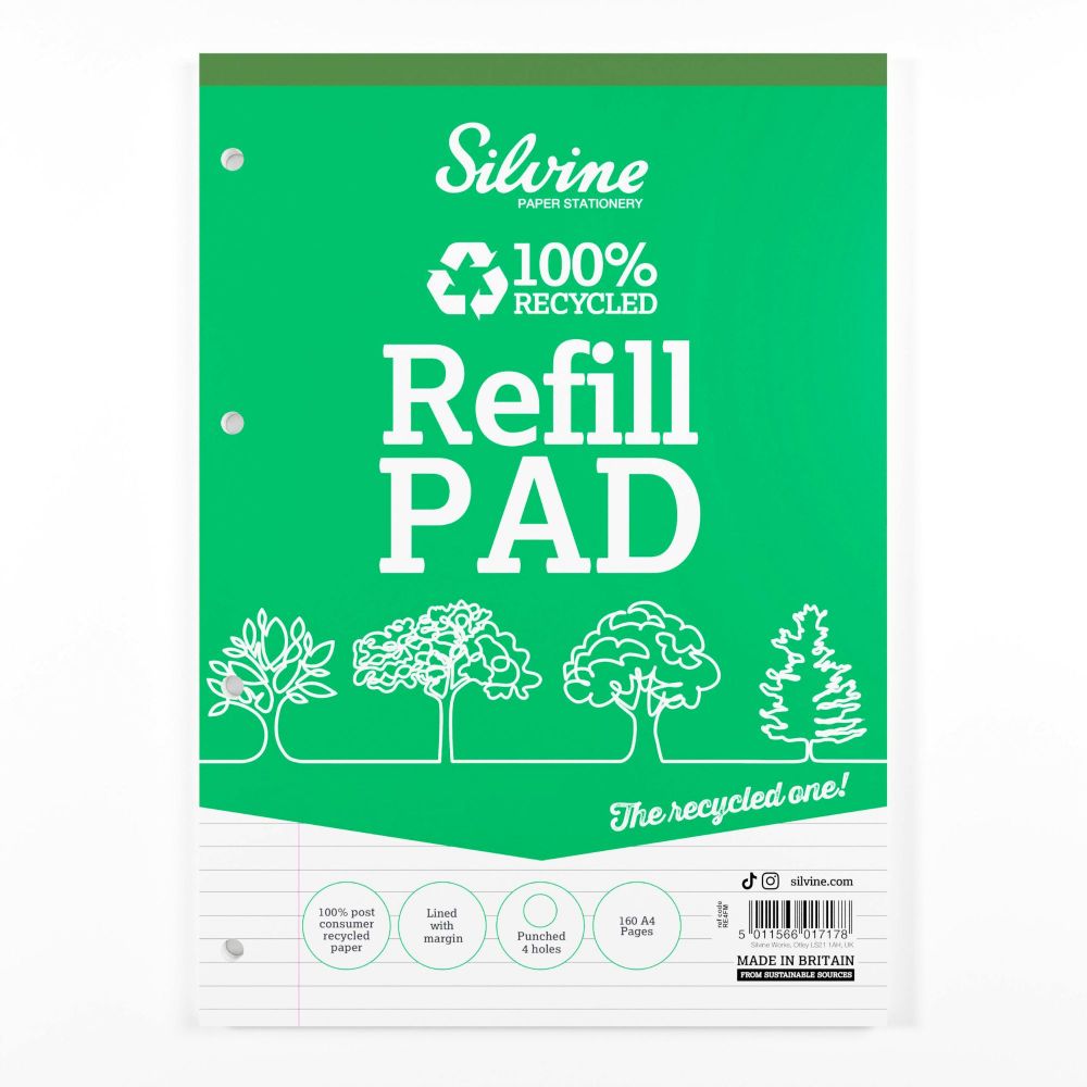 Silvine A4 Refill Pad Recycled Ruled 160 Pages Green (Pack 6) - RE4FM