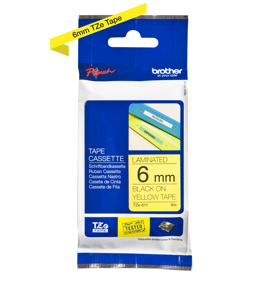 Brother TZE-611 DirectLabel black on yellow Laminat 6mm x 8m for Brother P-Touch TZ 3.5-18mm/6-12mm/6-18mm/6-24mm/6-36mm