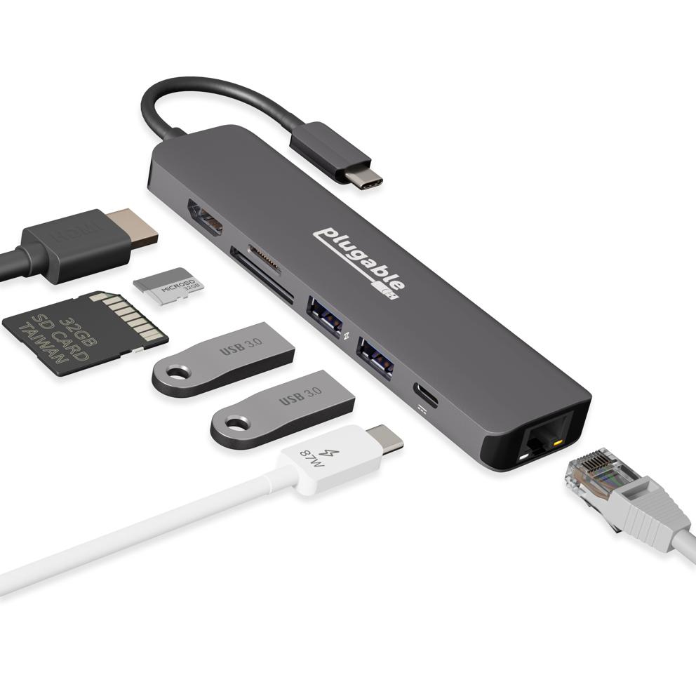 USBC-7IN1E PLUGABLE TECHNOLOGIES 7-IN-1 USB C HUB MULTIPORT ADAPTER WITH ETHERNET (92W CHARGING, GIGABIT ETHERNET