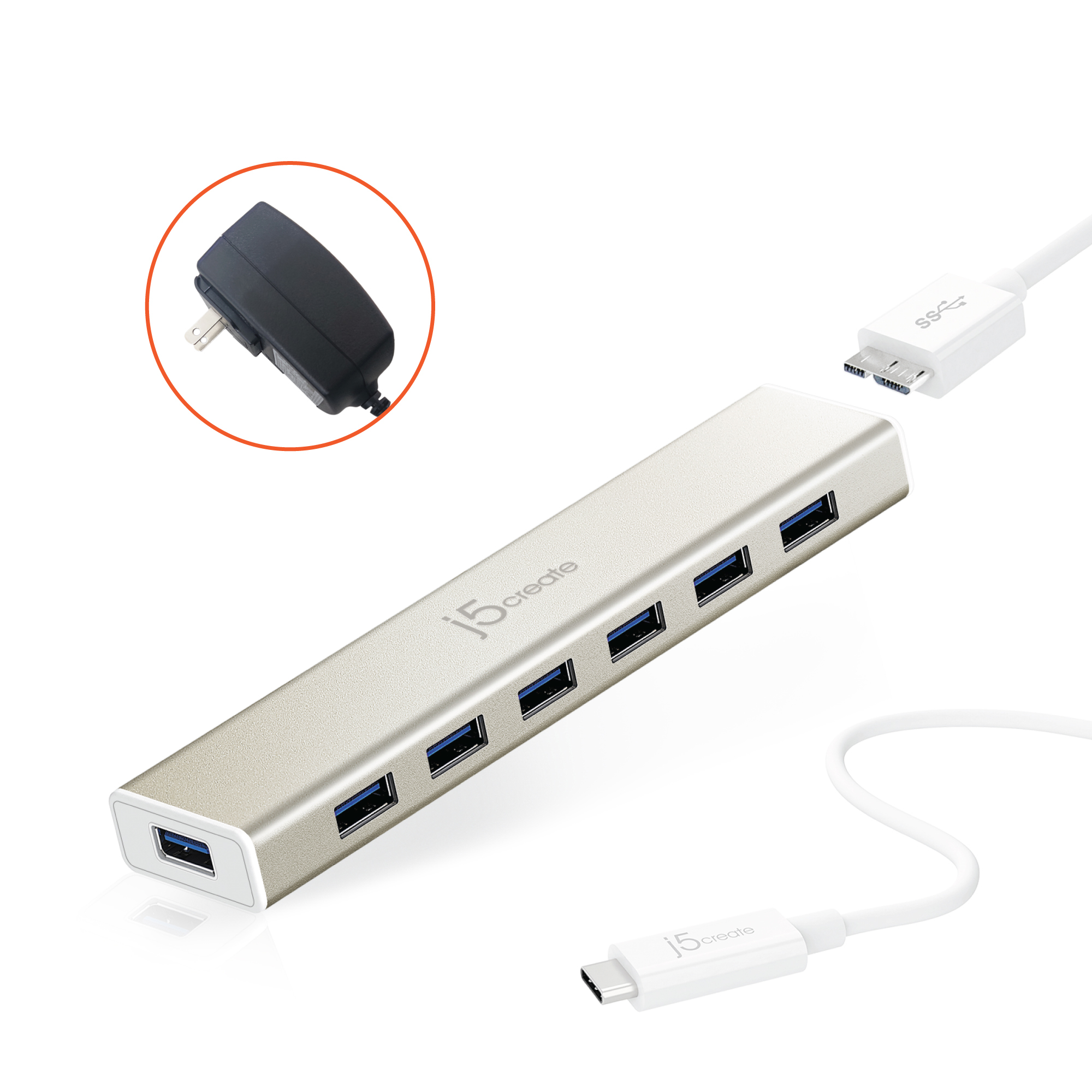 Image of j5create JCH377 USB-C® 7- Port Hub - EU/UK, Metallic Champagne