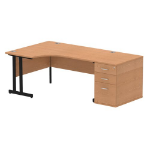 Dynamic Impulse W1600 x D1200 x H730mm Left Hand Crescent Desk Cantilever Leg With D800mm Desk High Pedestal Oak Finish Black Frame - I004407 DD