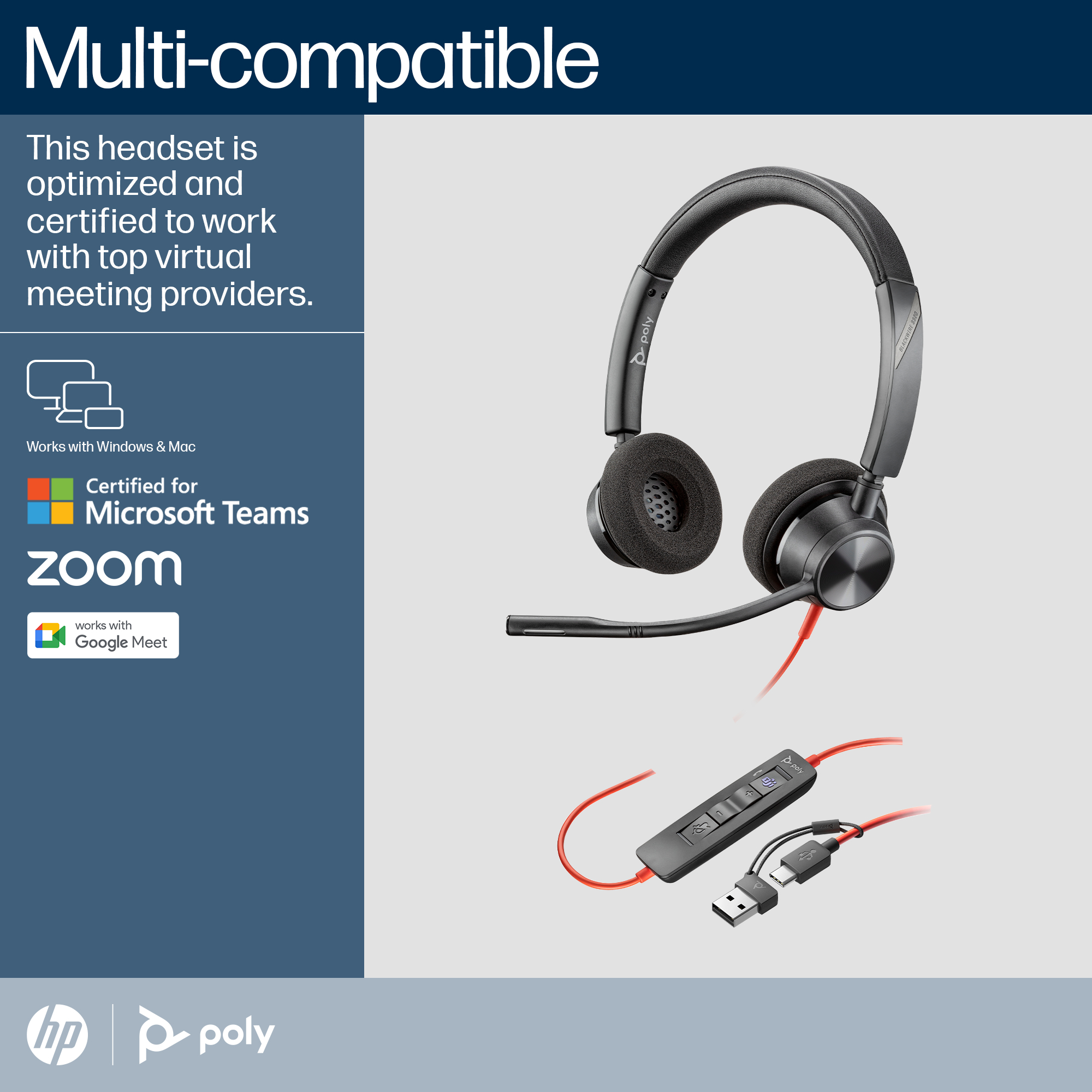 HP Poly Blackwire 3320 Stereo Microsoft Teams Certified USB-C Headset +USB-C/A Adapter
