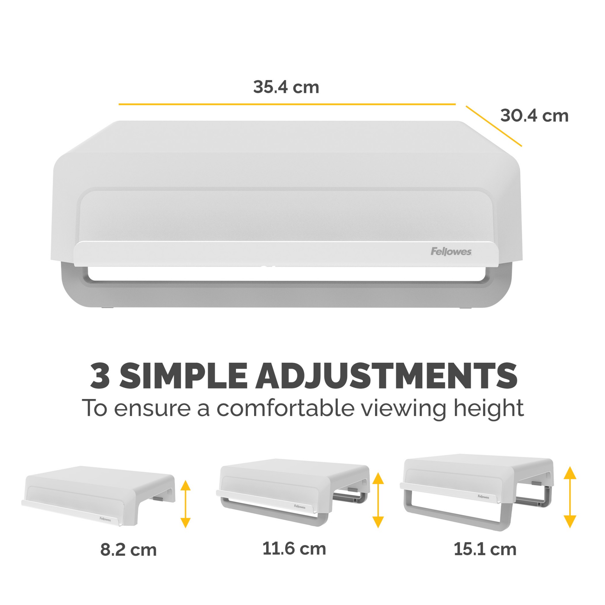Fellowes Computer Monitor Stand with 3 Height Adjustments - Breyta Monitor Riser with Cable Management - Ergonomic Adjustable Monitor Stand for Computers - Max Weight 15KG - White