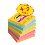 Post-It Pack of 6 Super Sticky Notes 76x76mm 90 Sheets Carnival Colours