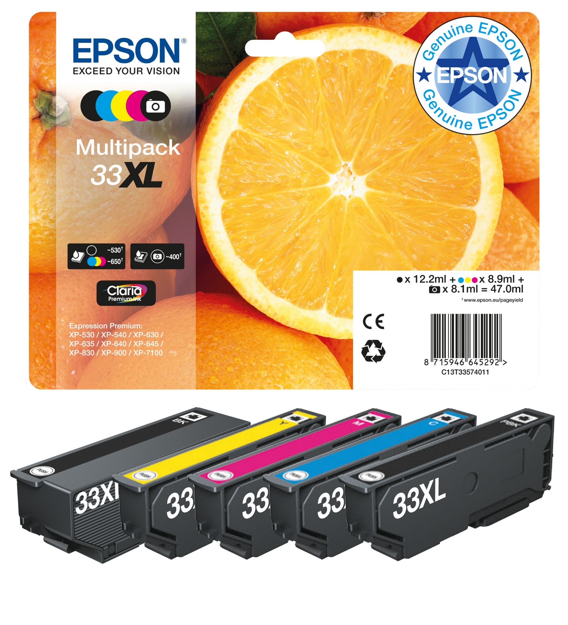 Epson C13T33574011/33XL Ink cartridge multi pack high-capacity Bk,C,M,Y,PBK EasyMail 12,2ml+3x8,9ml+8,1ml Pack=5 for Epson XP 530