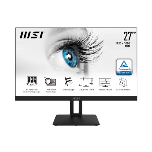 MSI Pro MP271P 27 Inch Monitor with Adjustable Stand, Full HD (1920 x 1080), 75Hz, IPS, 5ms, HDMI, VGA, Built-in Speakers, Anti-Glare, Anti-Flicker, Less Blue light, TÜV Certified, VESA, Kensington, Black