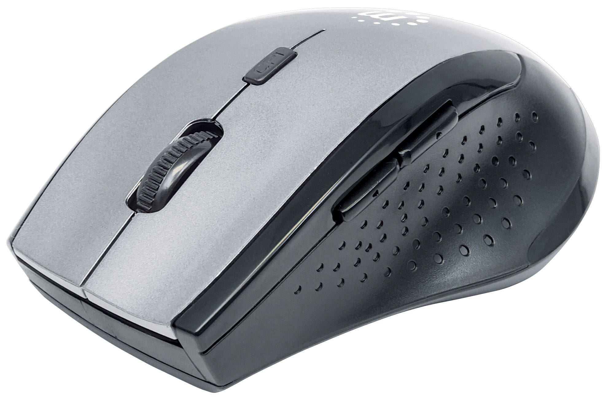 Manhattan Curve Wireless Mouse, Grey/Black, Adjustable DPI (800, 1200 or 1600dpi), 2.4Ghz (up to 10m), USB, Optical, Five Button with Scroll Wheel, USB micro receiver, 2x AAA batteries (included), Low friction base, Blister