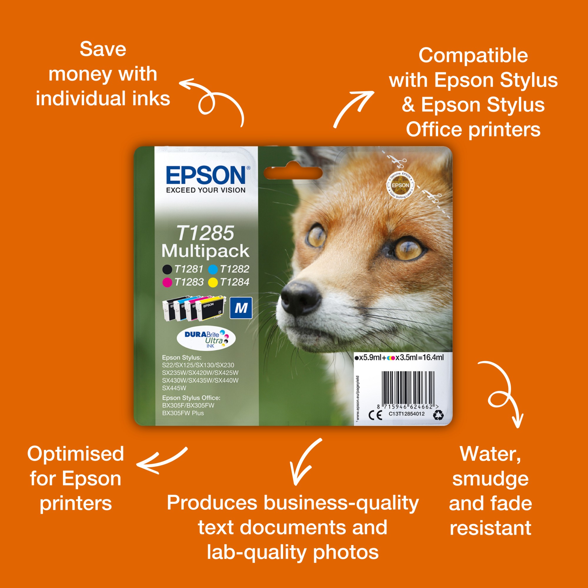 Epson T1285 Fox DURABrite Ultra Ink Cartridge CMYK Multipack C13T12854012
