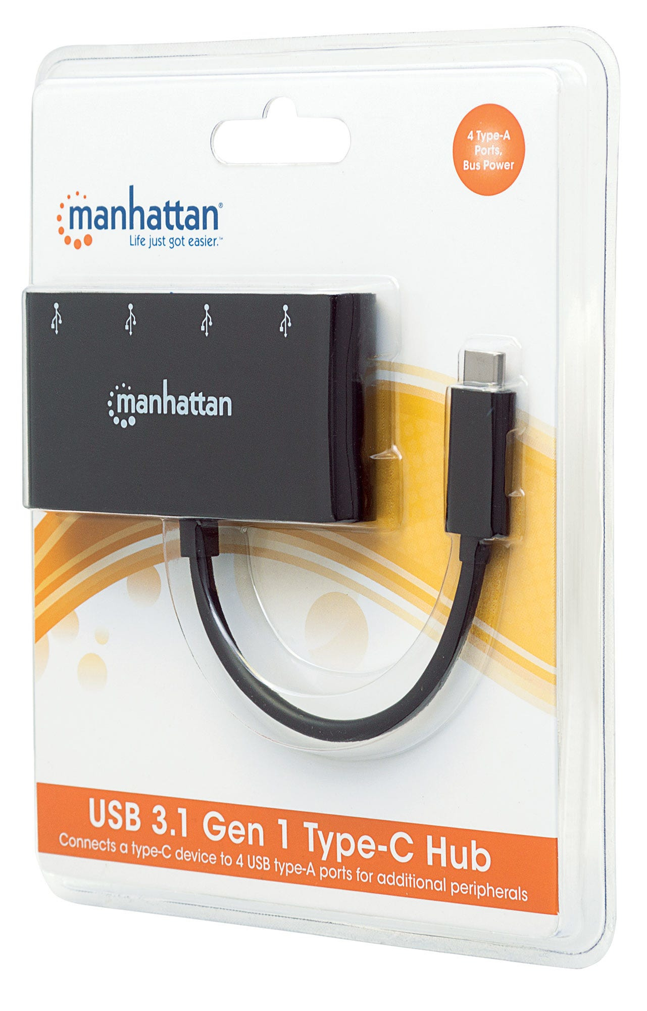 Manhattan USB-C 4-Port Hub/Dock, USB-C to 4x USB-A Ports, 5 Gbps (USB 3.2 Gen1 aka USB 3.0), Bus Power, Cable 20cm, Black, Blister