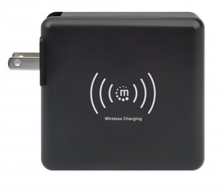 Manhattan 4-in-1 Travel Wall Charger and Powerbank 8,000 mAh, USA/UK/Euro 2-pin Plugs, Output: 1x USB-C, 2x USB-A ports and Wireless Charging Pad (5W), Black, Box