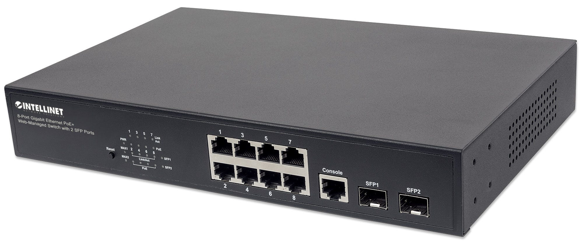 Intellinet 8-Port Gigabit Ethernet PoE+ Web-Managed Switch with 2 SFP Ports, IEEE 802.3at/af Power over Ethernet (PoE+/PoE) Compliant, 140 W, Endspan, Desktop, 19" Rackmount, Box