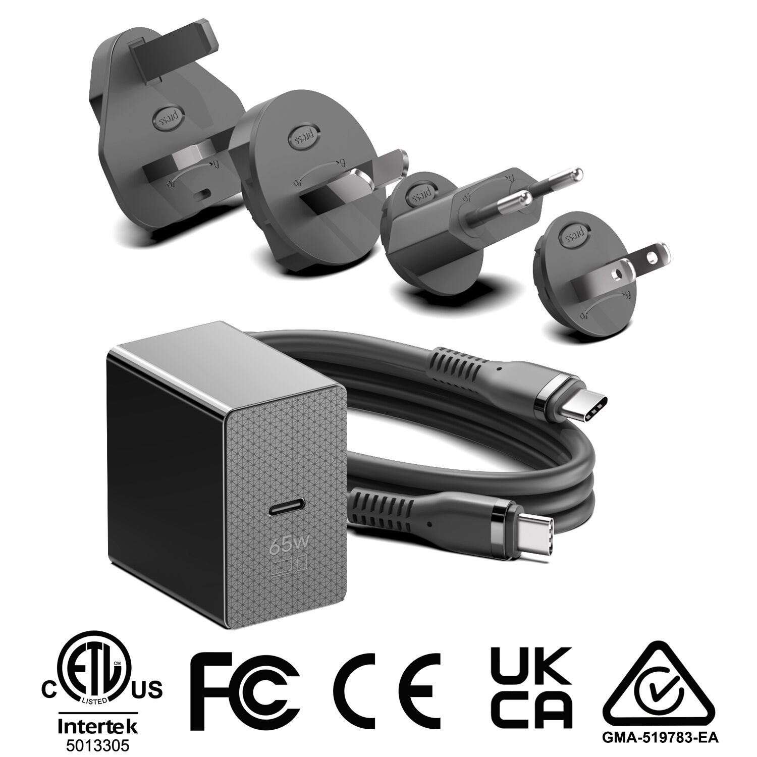Origin 65W Wall Charger with 1.5m USB-C cable and 4 Multi AC Plugs
