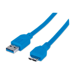 Manhattan USB-A to Micro-USB Cable, 2m, Male to Male, Blue, 5 Gbps (USB 3.2 Gen1 aka USB 3.0), Equivalent to USB3AUB2MS (except colour), SuperSpeed USB, Lifetime Warranty, Polybag