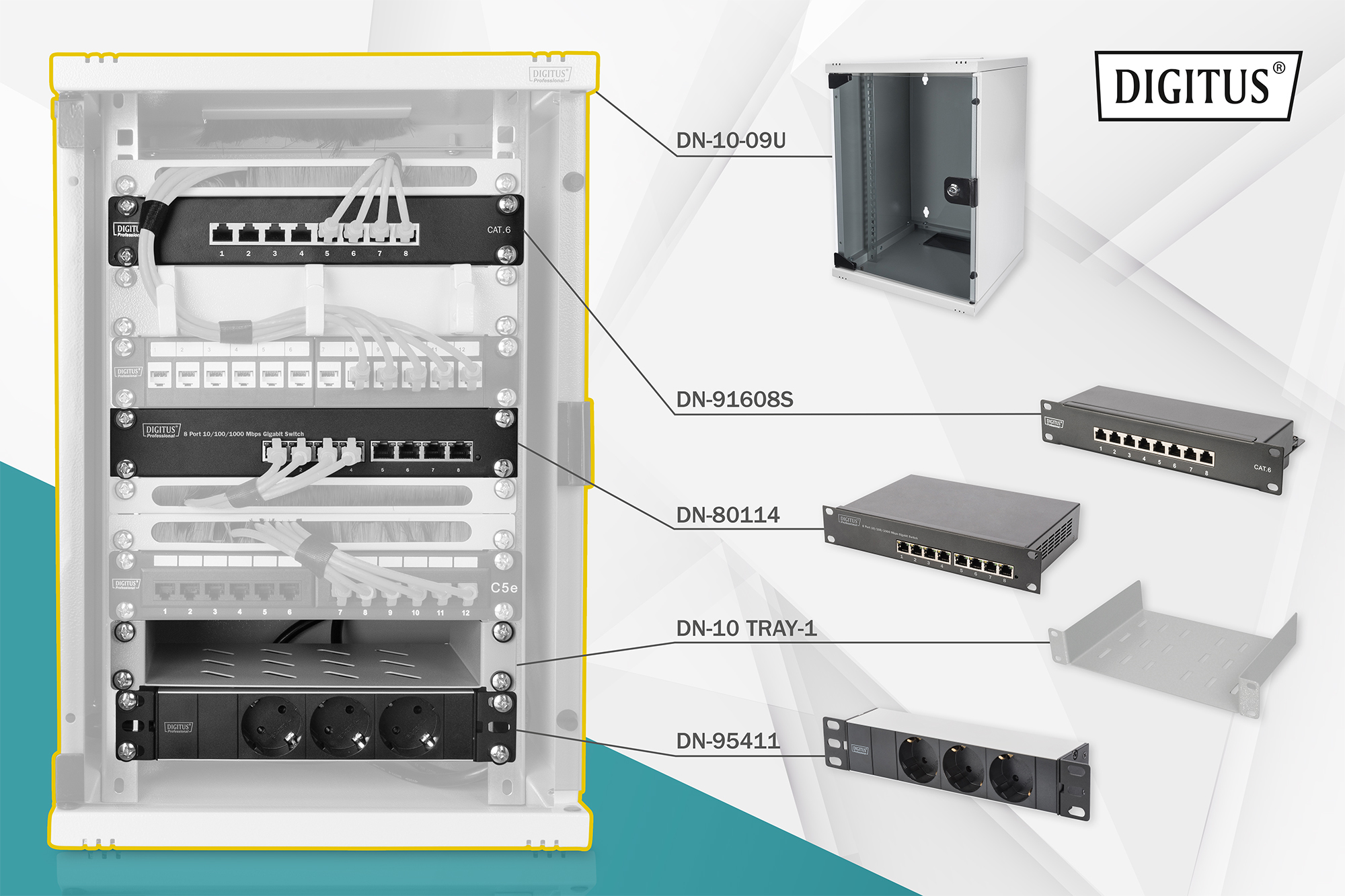 Image of Digitus Network Set - 254 mm (10") - 9U, 312 x 100 mm (W xD)