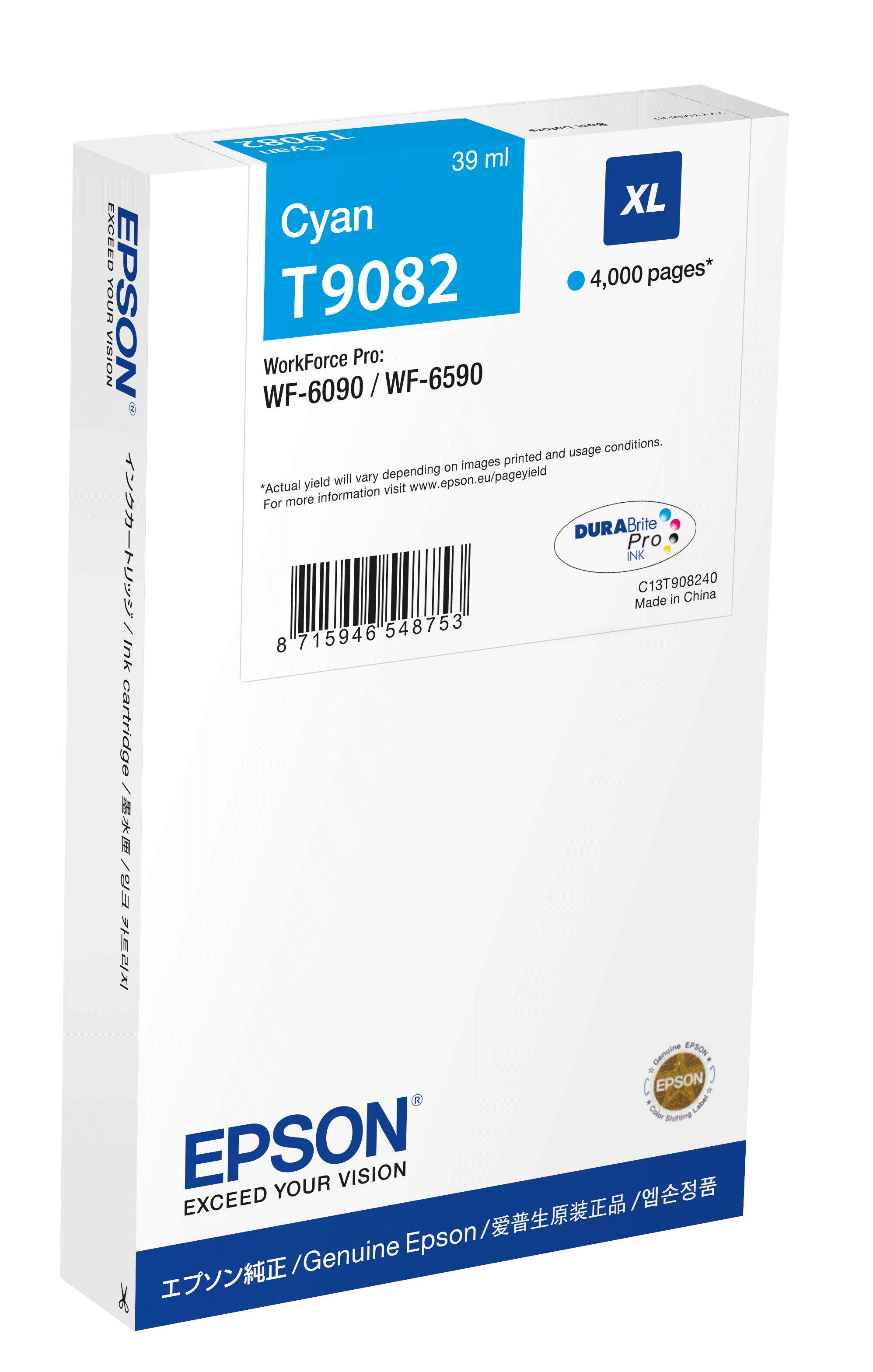 Image of Epson C13T908240/T9082 Ink cartridge cyan XL, 4K pages 39ml for...