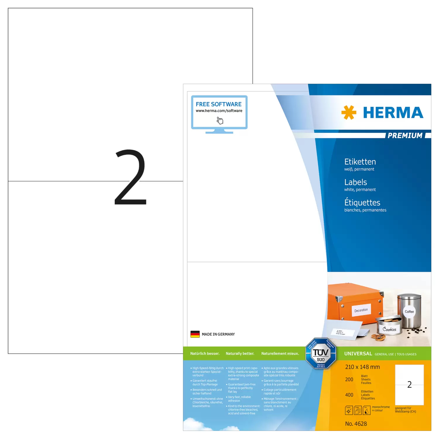 HERMA Labels Premium A4 210x148 mm white paper matt 400 pcs.