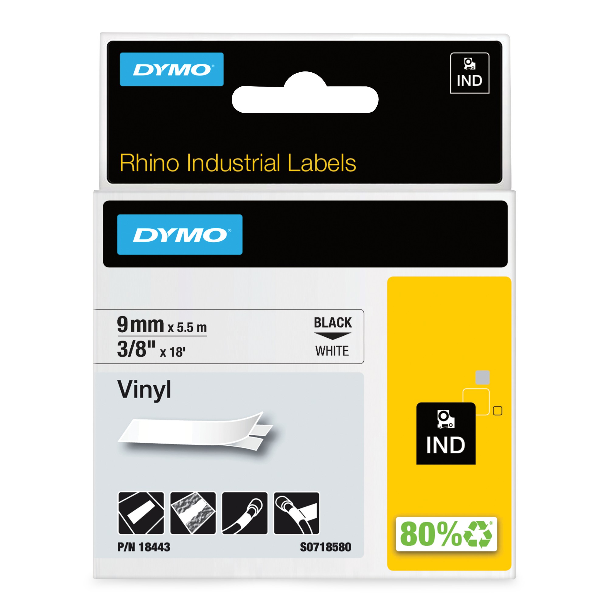 Dymo Black/White 18443/S0718580 Ribbon Vinyl On 9Mm X 5.5M For Rh