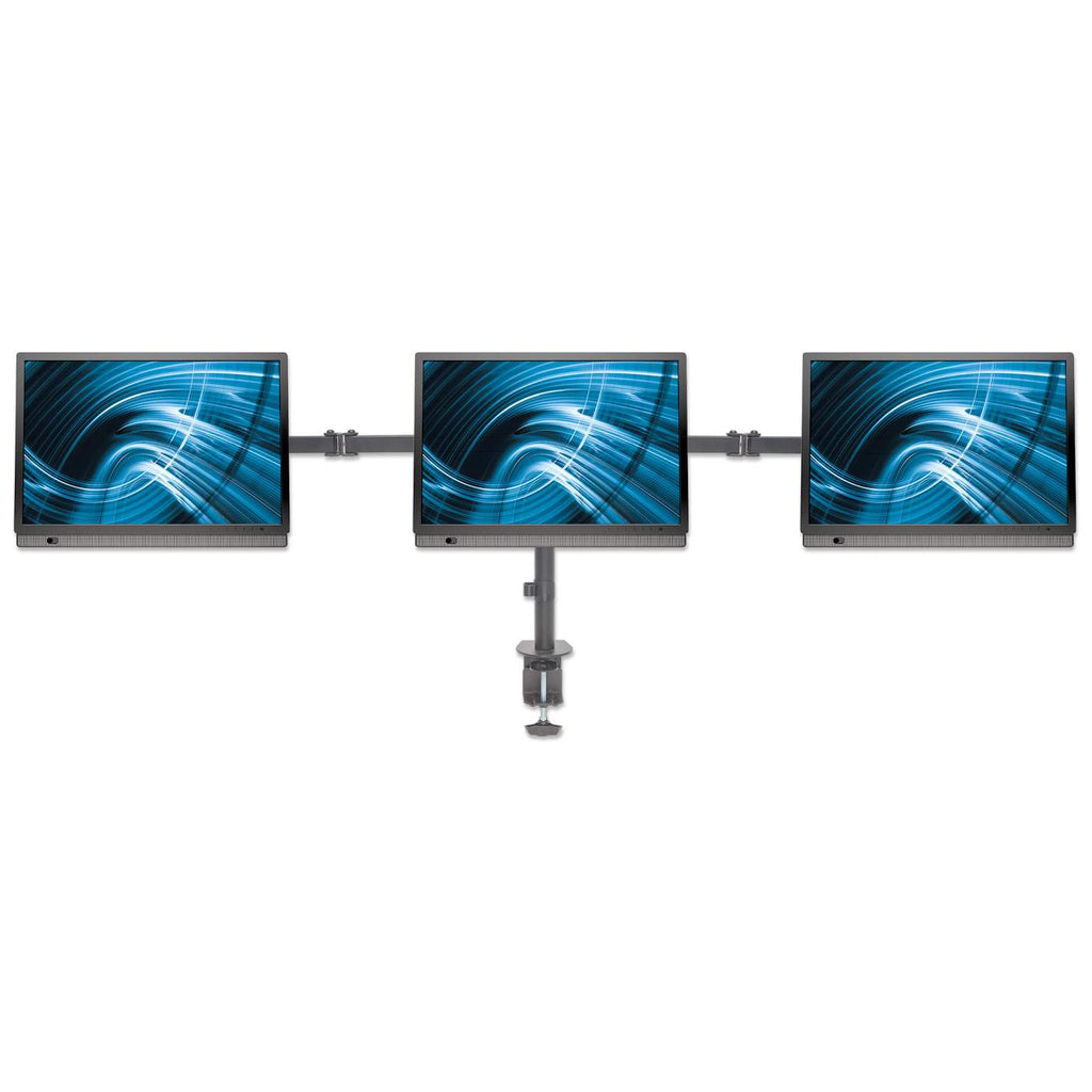 Manhattan TV & Monitor Mount, Desk, Double-Link Arms, 3 screens, Screen Sizes: 10-27", Black, Clamp Assembly, Triple Screen, VESA 75x75 to 100x100mm, Max 7kg (each), Lifetime Warranty