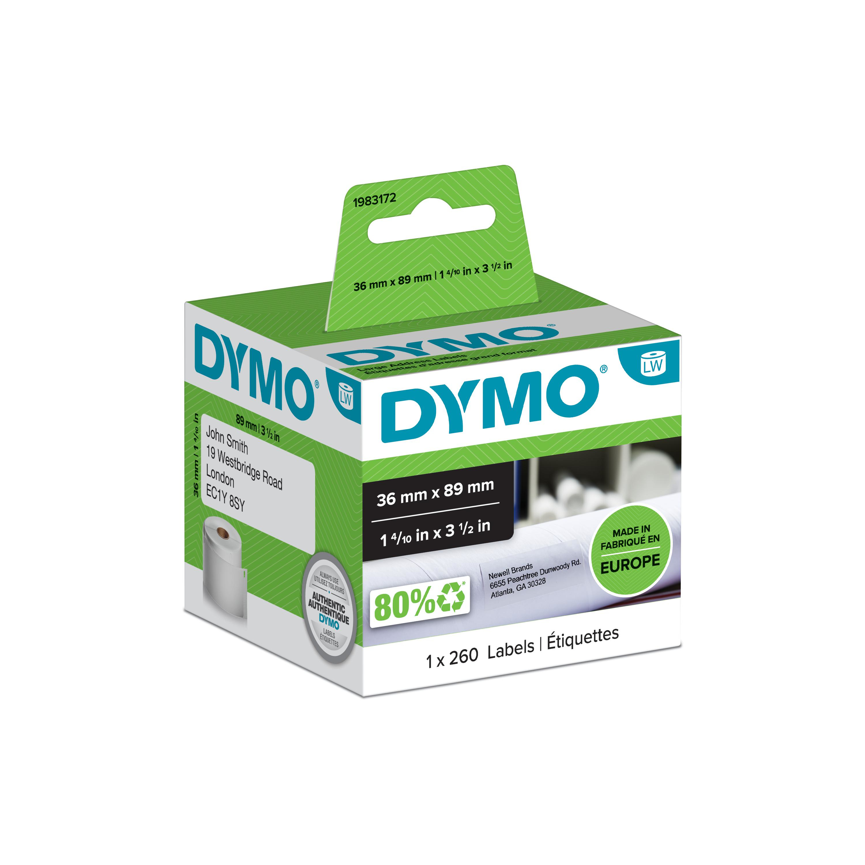 Image of Dymo 1983172 DirectLabel-etikettes white 36mm x 89mm Pack=260 for...