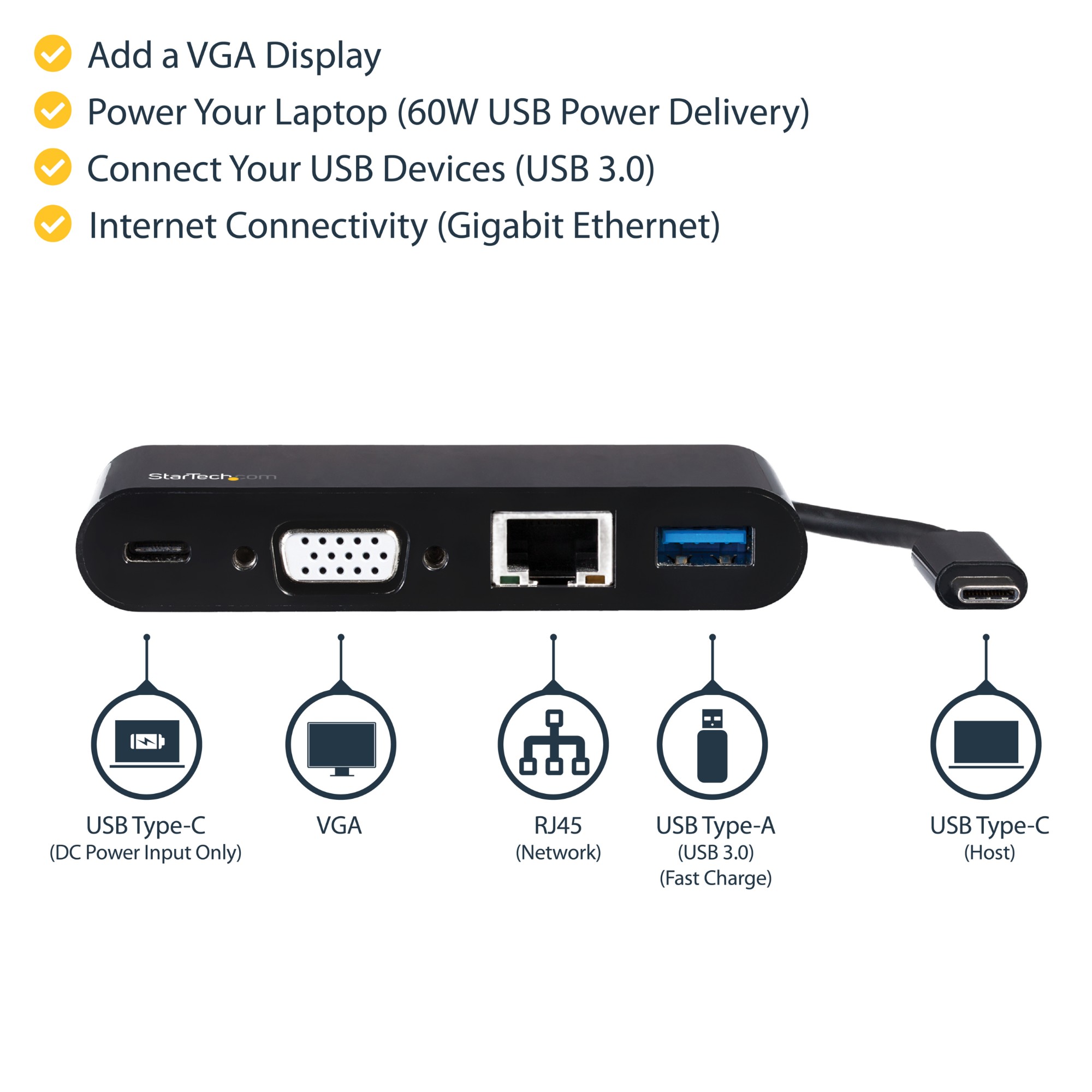 StarTech.com USB-C VGA Multiport Adapter - Power Delivery (60W) - USB 3.0 - GbE