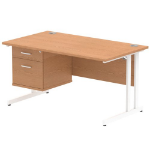 Dynamic Impulse W1400 x D800 x H730mm Straight Office Desk Cantilever Leg With 1 x 2 Drawer Single Fixed Pedestal Oak Finish White Frame - MI002662 DD