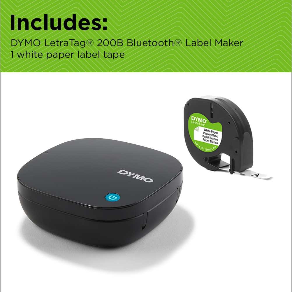 DYMO LetraTag 200B Bluetooth Label Maker | Compact Label Printer | Connects Through Bluetooth Wireless Technology to iOS and Android | Includes 1 White Paper Label Tape | Black