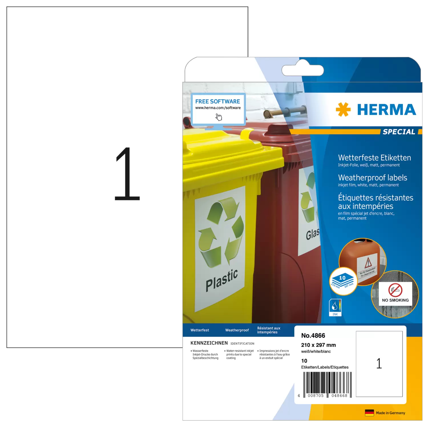 Image of HERMA Inkjet labels A4 210x297 mm white film matt weatherproof 10 pcs.