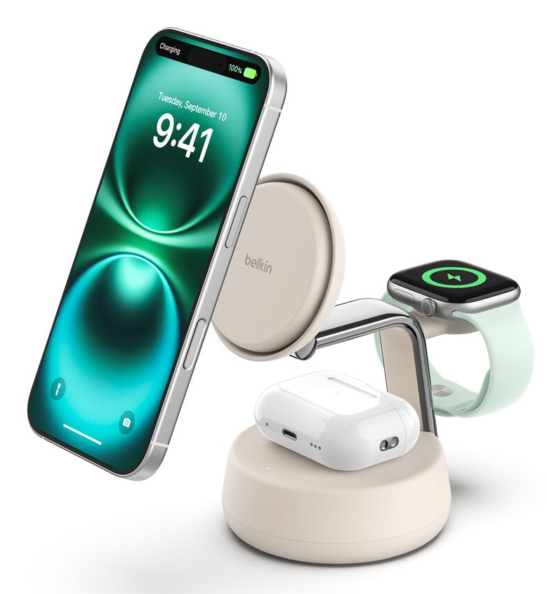 Belkin Qi2 Fitness tracker. Headphones. Smartphone. Smartwatch White U